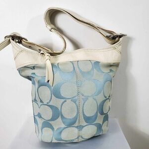 Coach Signature C blue canvas leather shoulder bag with bucket trim